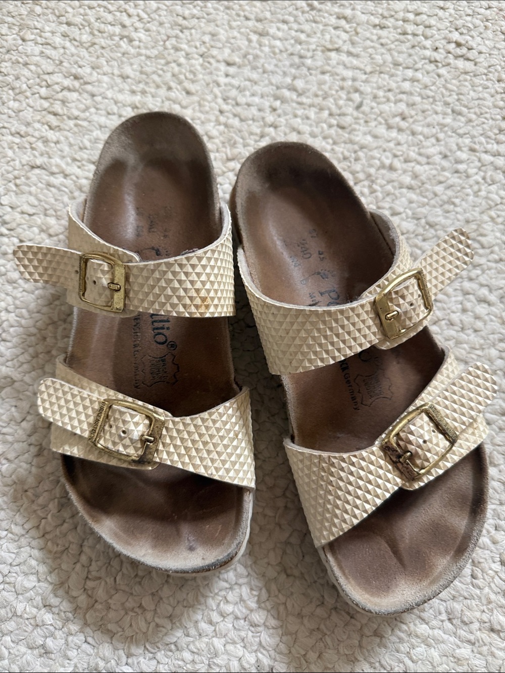 PapillioTextured Double-Buckle Slide Sandals in Champagne Gold, size 37